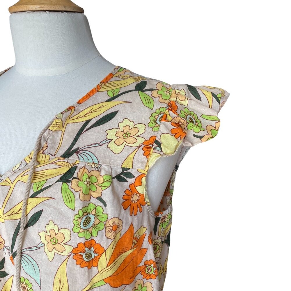 Hester & Orchard Linen Blend Cottagecore Shirt Floral Retro Boho Tassel Tie-M - Picture 3 of 11